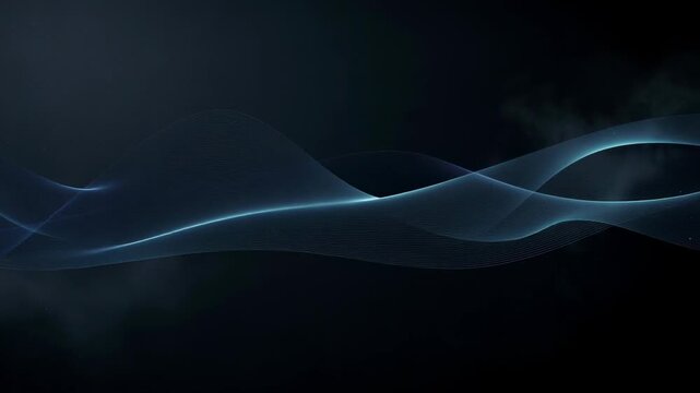 Abstract dark background with smooth blue wave lines and flowing light effects