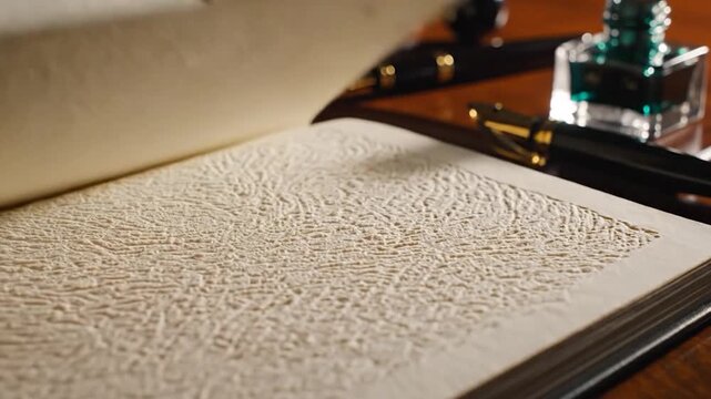 Textured handmade paper journal with vintage fountain pen.
