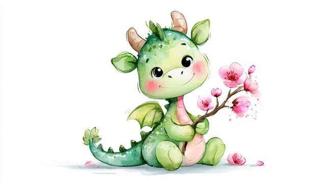 A cute, baby green dragon holding a pink blossoming branch, painted in a soft watercolor style with playful and gentle features.