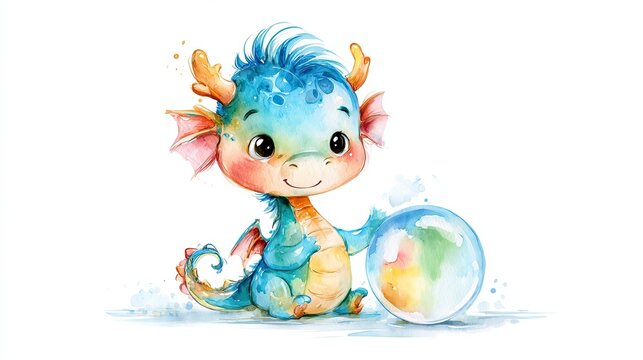 A cute, blue baby dragon with orange horns and wings playfully sits next to a shiny, colorful crystal ball.