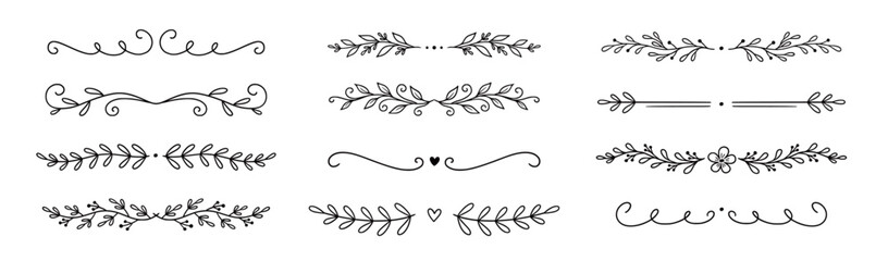 Obraz premium Floral ornament line border set. Hand drawn line doodle style floral divider elements. Flower, vine leaf ornament border frame text vintage flourish decoration. Vector illustration