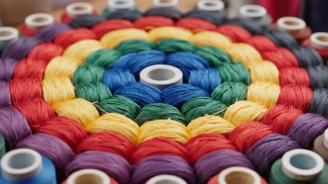 Vibrant sewing thread spools arranged in a color circle