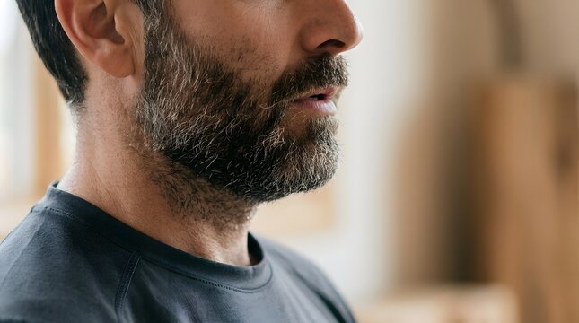 Bearded man in a dark grey shirt breathes deeply while standing in a soft-lit indoor environment.