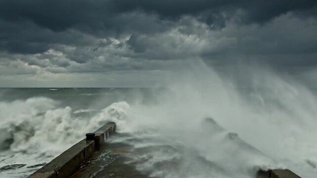 Violent ocean waves crashing against concrete pier under storm.