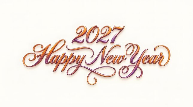 Sophisticated metallic gold calligraphic text 2027 Happy New Year in cursive script layout on a light clean horizontal background.