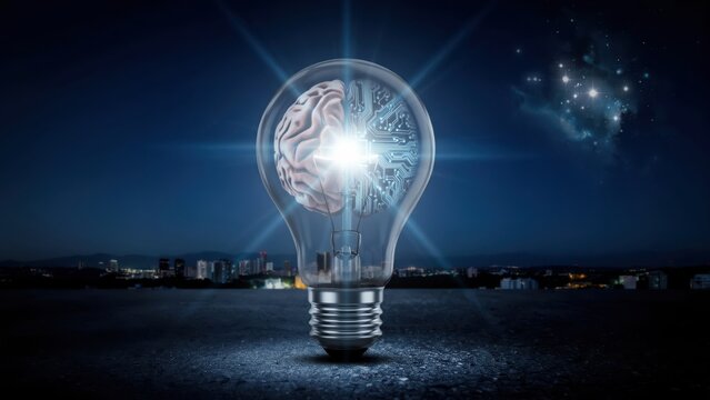 Glowing Lightbulb with Human Brain and Digital Circuitry Against a Night Cityscape, Concept of AI, Intelligence, and Innovation