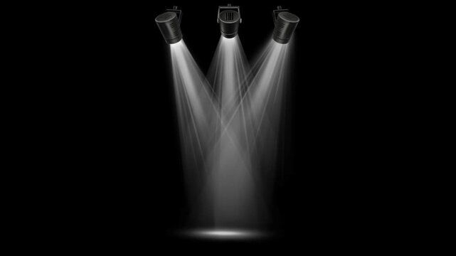 Realistic three studio spotlight fixtures casting bright white beams onto a center point. Excellent lighting overlay for product reveal, interview setup, and theater stage