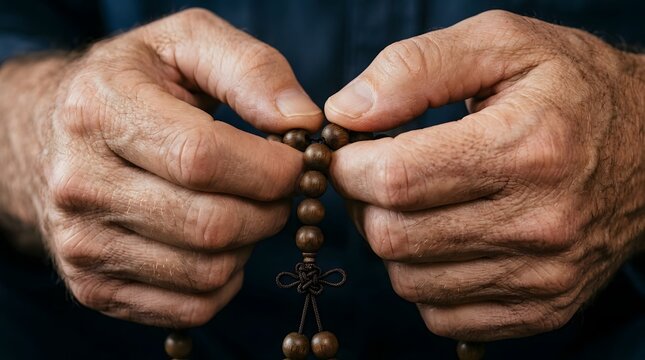 Hands clasp dark brown wooden prayer beads against a deep blue background, emphasizing the matte texture and natural grain of the material.