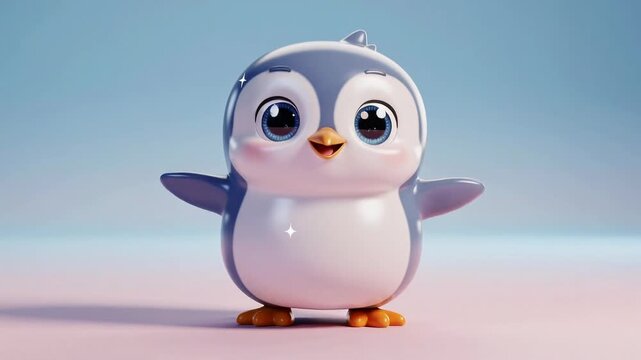 Cute adorable cartoon penguin with big eyes standing on pastel background digital illustration