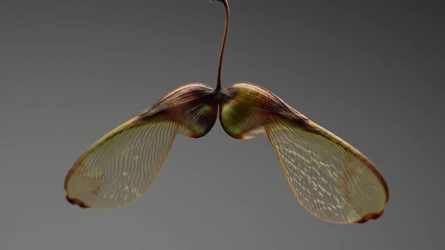 Single maple tree samara seed pod on gray.