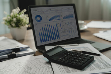 Obraz na płótnie Canvas Laptop displays charts and metrics beside a calculator resting on printed spreadsheets and a pen, showing a paperwork-based data analysis workflow for reporting and financial review.
