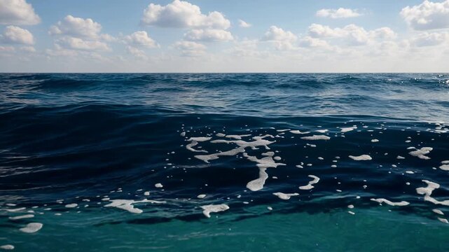 Calm ocean waves under a blue sky with white clouds on a sunny day