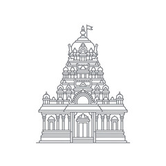 Obraz premium Ornate Indian Temple Gopuram Line Drawing, Traditional Hindu Religious Architecture Vector Illustration