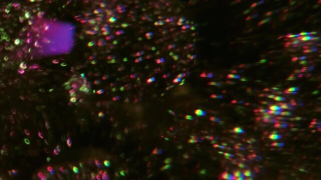 Defocused dazzle glow. Neon illuminated ray. Blur pink purple color optical visual glitter gleam leaking on abstract creative art dark black background.