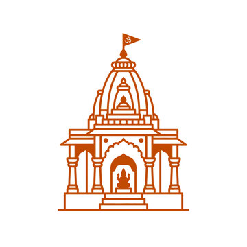 Minimalist orange line art illustration of a traditional Hindu temple building icon on white background