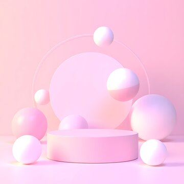 A pink podium with spheres and circular structures