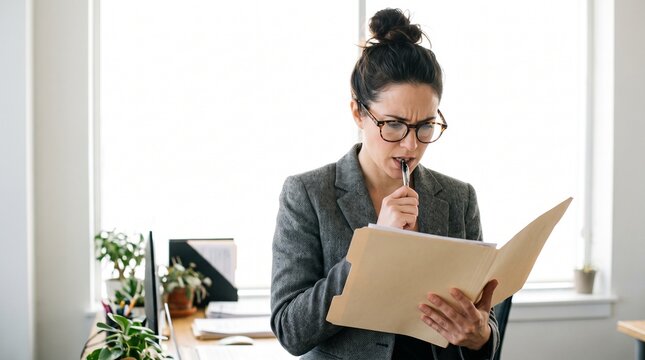 Businesswoman in grey jacket and glasses, with concentrated expression biting pen, reviewing documents in paper folder, in bright corporate office room, business photography