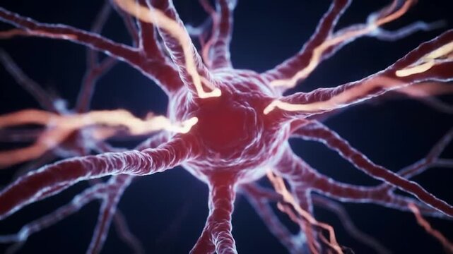 Stylized human neuron cell with branching dendrites.