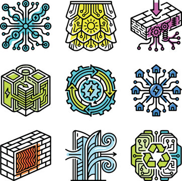 Conceptual icons for micro-grid energy systems, local power independence, and sustainable infrastructure planning. Ideal for eco-tech editorials and renewable energy utility designs.