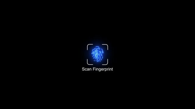 Digital fingerprint biometric scanner hud animation: secure identity verification process with success checkmark on black background
