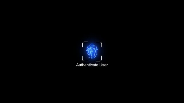 Digital fingerprint biometric authentication process animation with success checkmark security identity