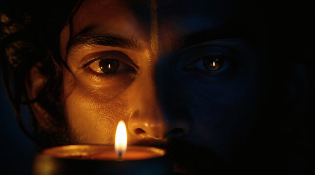 Intense Gaze Illuminated by Candle Flame in Dramatic Contrast Lighting
