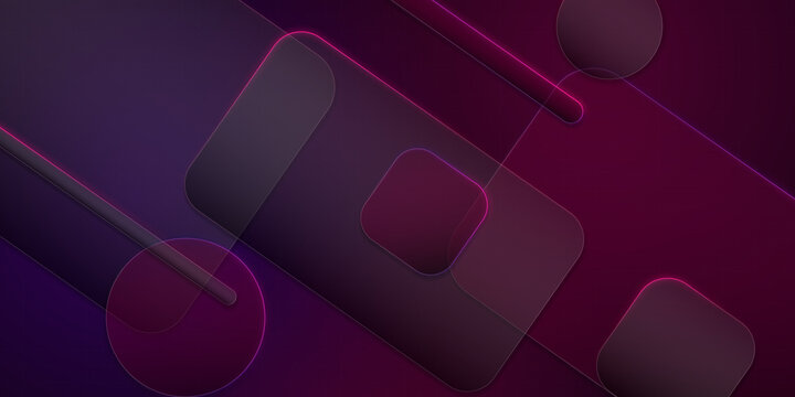Abstract dark purple background with geometric shapes, glowing neon lines, and semitransparent rounded rectangles for modern tech design