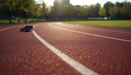 Obraz premium Athletic Track with Running Shoes under Sunlight at Sunset