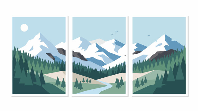 Snow covered mountain peaks illustration. Vector winter landscape with rocky summits.