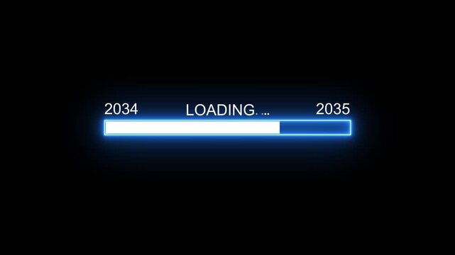 Neon blue loading bar progress indicator transitioning from 2034 to 2035 on black background, digital countdown