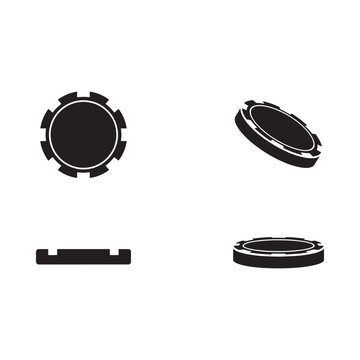 Circular metallic object with notches black silhouette on white background