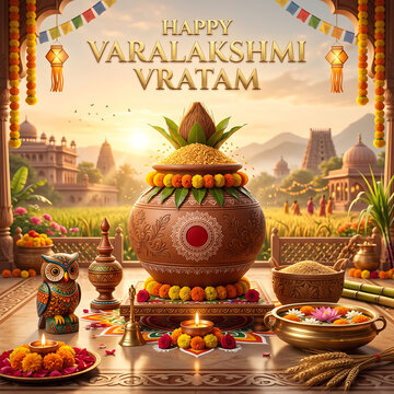 Traditional hindu ritual setup featuring decorated clay pot offering during vibrant sunrise temple festival celebration with garlands symbolic offerings