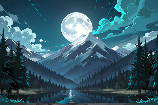 Full Moon Over Snowy Mountains and Lake Vector Illustration