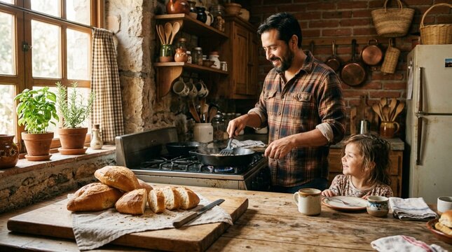 Father and young daughter sharing breakfast time in rustic kitchen, crusty bolillo bread loaves on wooden cutting board, cozy morning cooking scene