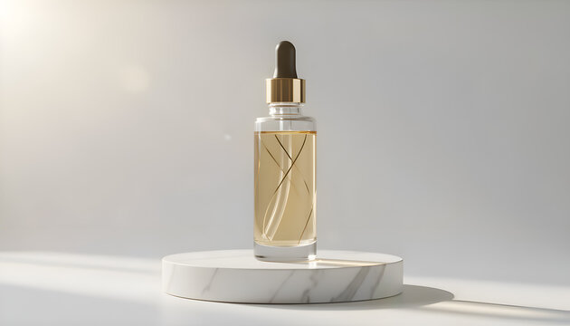 Clear glass dropper bottle with golden accents displayed on a white marble pedestal. Sophisticated skincare and beauty product mockup featuring soft shadows, luxury aesthetics, and minimalist styling.