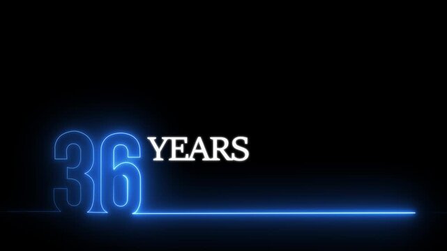 36 years anniversary neon glowing line text animation on black background