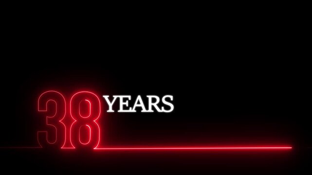 38 years anniversary neon sign motion glowing red number typography for celebration and milestone event background