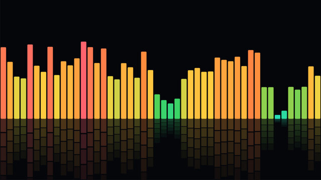 Abstract digital audio visualizer with colorful bar graph elements reflecting on a dark background representing music technology and sound frequency analysis