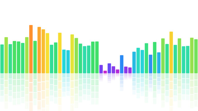 Colorful digital audio visualizer with vertical bars representing sound frequency levels on transparent background for modern music production concepts