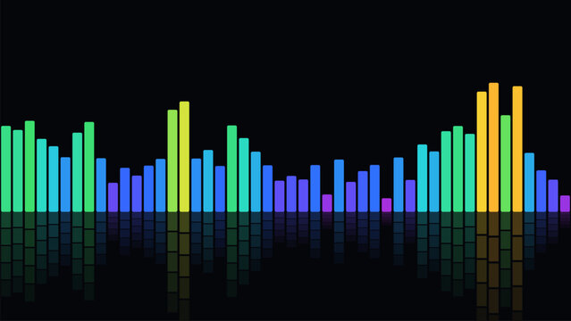 Abstract digital sound wave equalizer with colorful bars on a black background representing audio frequency and music visualization technology concept