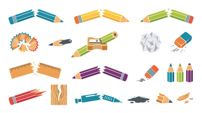 Flat Art Icons of Broken Pencils, Pencil Sharpeners, Erasers, Rulers, Wood