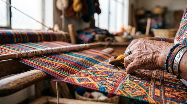 Close-up of an elderly woman's hands weaving a colorful textile on a traditional loom, showcasing intricate patterns and artisanal craftsmanship