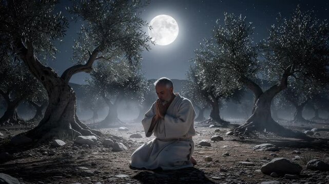 Peaceful man praying under full moon in mystical olive tree grove at night with serene atmosphere