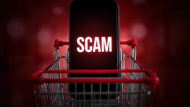 Smartphone inside a shopping cart with the word scam