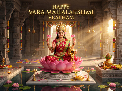 Goddess lakshmi sitting on lotus flower within ornate temple setting celebrating prosperity with showering golden coins while surrounded sacred temple architecture