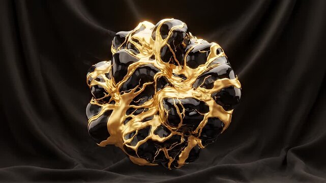 Black and gold amorphous object with fiery background and draped fabric