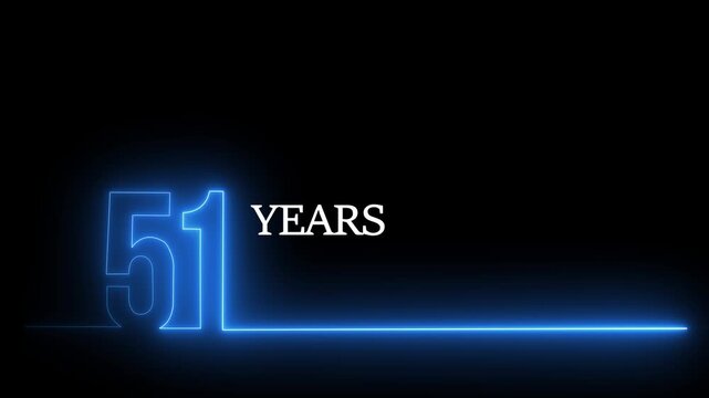 Glowing neon number 51 years anniversary motion on black background