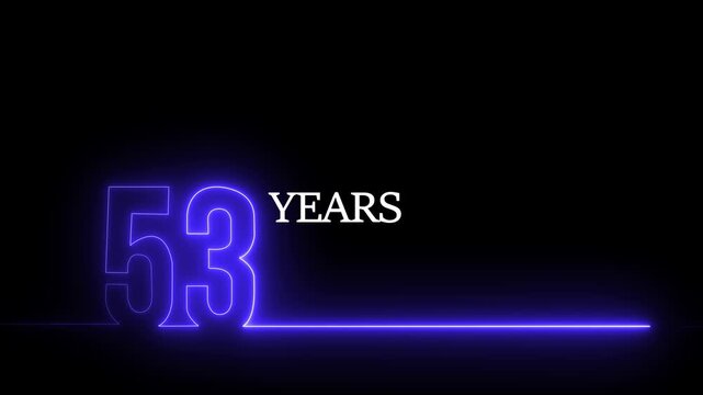 53 years anniversary neon sign glowing blue typography motion