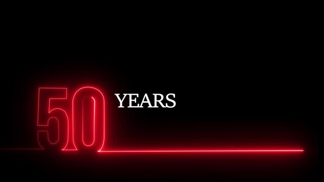 50 years anniversary neon sign animation, glowing red number fifty motion for celebration and milestone event background