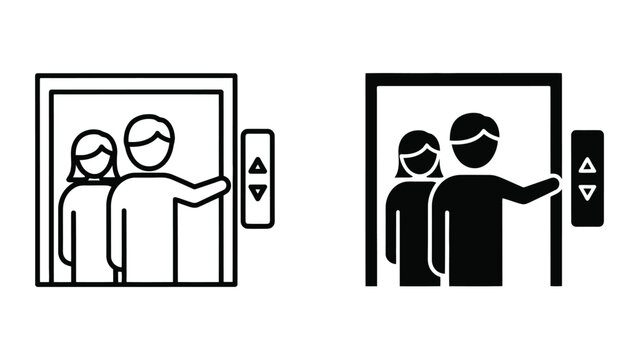 People in elevator icon set. Lift passenger symbols for building floor navigation.